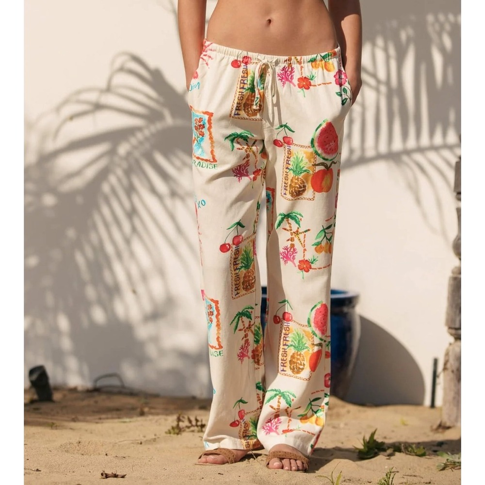Cali 1850 Tropical Postcard Print Lightweight Wide Leg Pants Cream Large